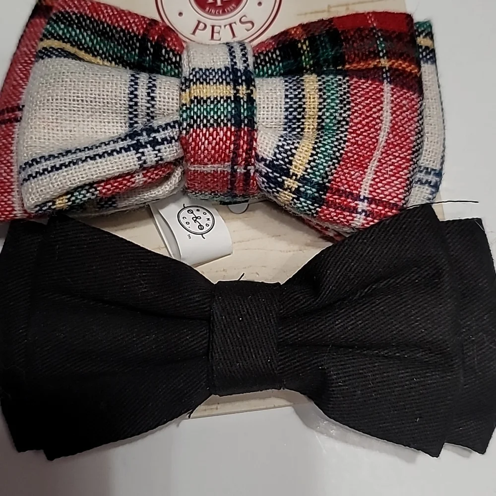 Pet Bow Ties - Red, Cream, Black Plaid Bow Tie and Black‎ Bow Tie - set 2